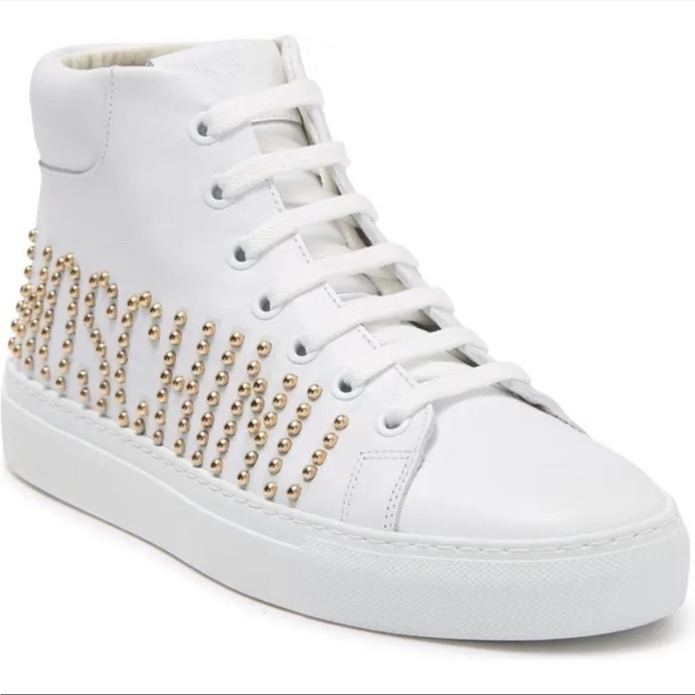 Moschino White Leather High Top Logo Stud Sneakers Gold Lace Up Women 8 Italy